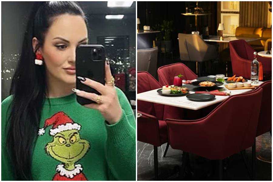 rachel anderson, sweater, fancy dinnner, nice restaurant, grinch, selfie,