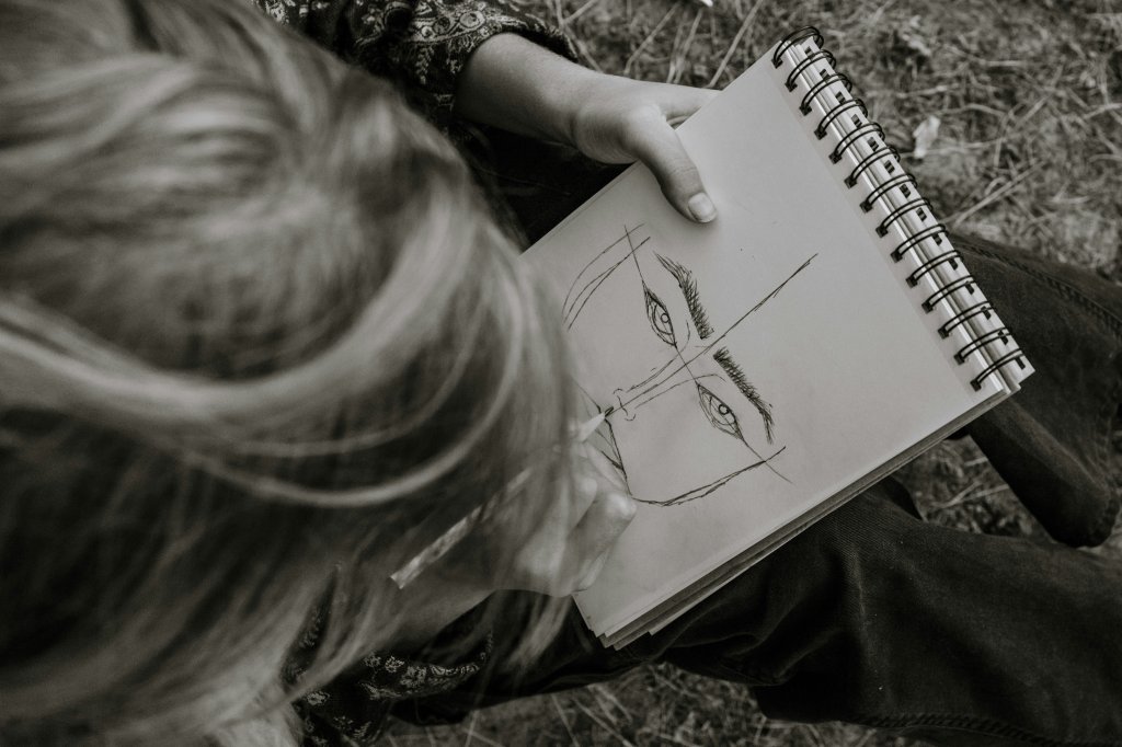 child sketching, drawing, portrait, art