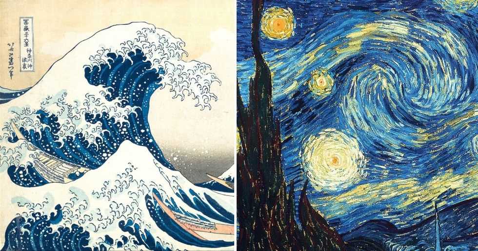 the great wave, japanese painting, kanagawa, hakusai, van gogh, the starry night