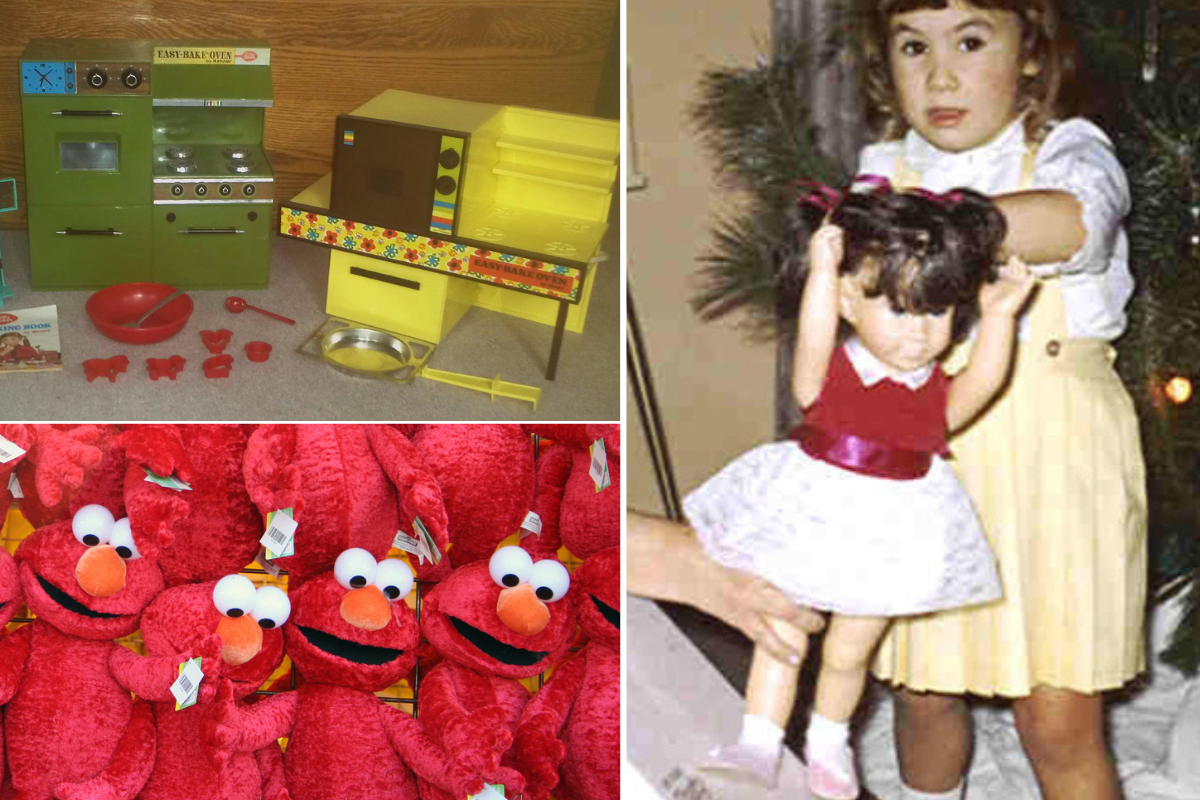 christmas, holidays, christmas gifts, nostalgia, 60s, 70s, 80s, 90s, tickle me elmo, easy bake oven, chatty cathy