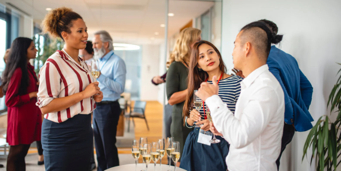 small talk, conversation, office party, people talking, wine