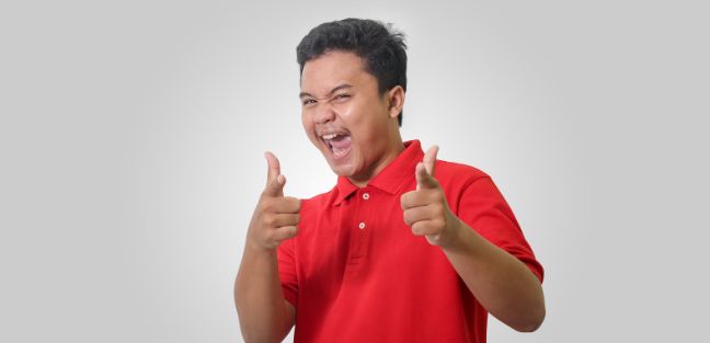 gotcha, joke, funny, man pointing, man in red shirt