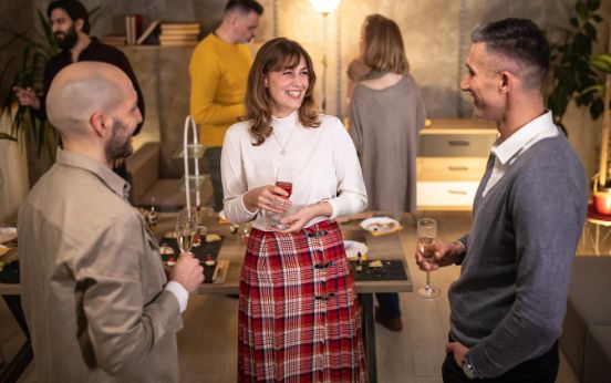 party, chatting, likable, drinks small talk, men and women