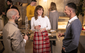 party, chatting, likable, drinks small talk, men and women
