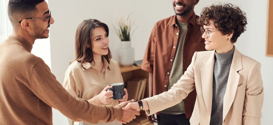 introduction, meeting people, coworkers, handshake, glasses