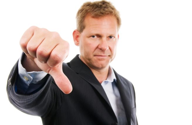 negativity, thumbs down, man in suit, judgement, no good, bad