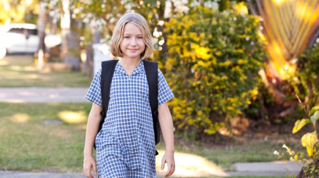latchey kid, walking home from school, kid in backpack, walking in neighborhood, young girl