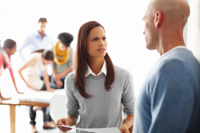 upset woman, rude comment, coworkers, conflict, insult