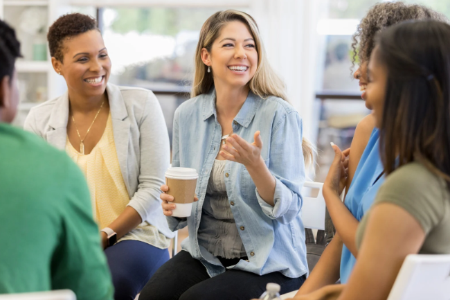 woman talking, woman tells story, woman's group, coffee, conversation,