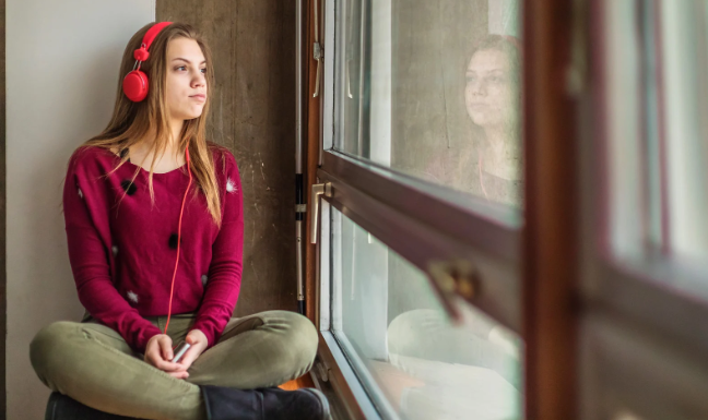 moody teen, teenager, girl wearing headphones, teen and window, iPod