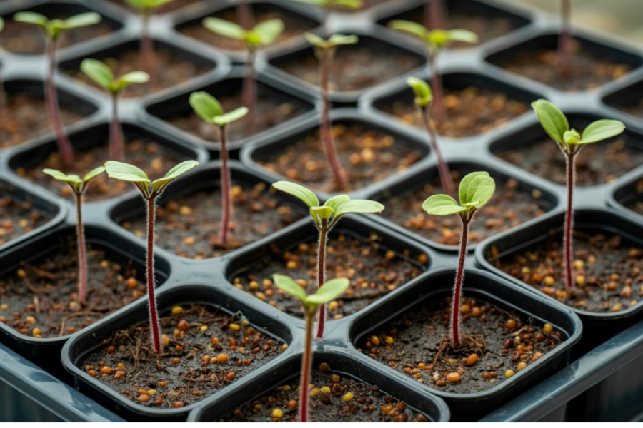 Seedlings started in a seed plug tray