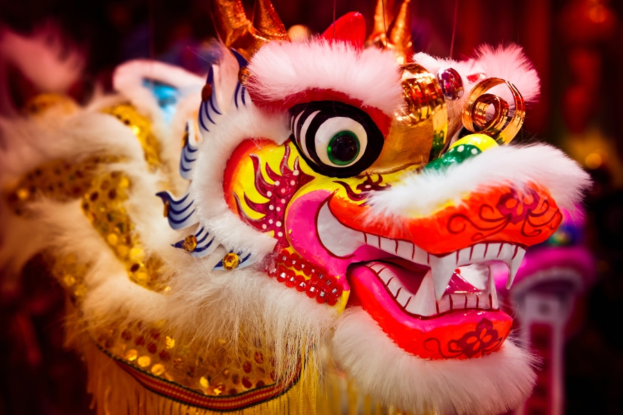 A colorful Chinese dragon puppet