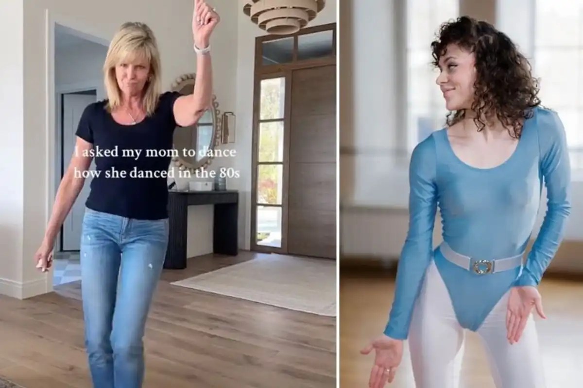 Mother and child dancing in a side-by-side photo composite. The child is wearing 80s dance clothes.