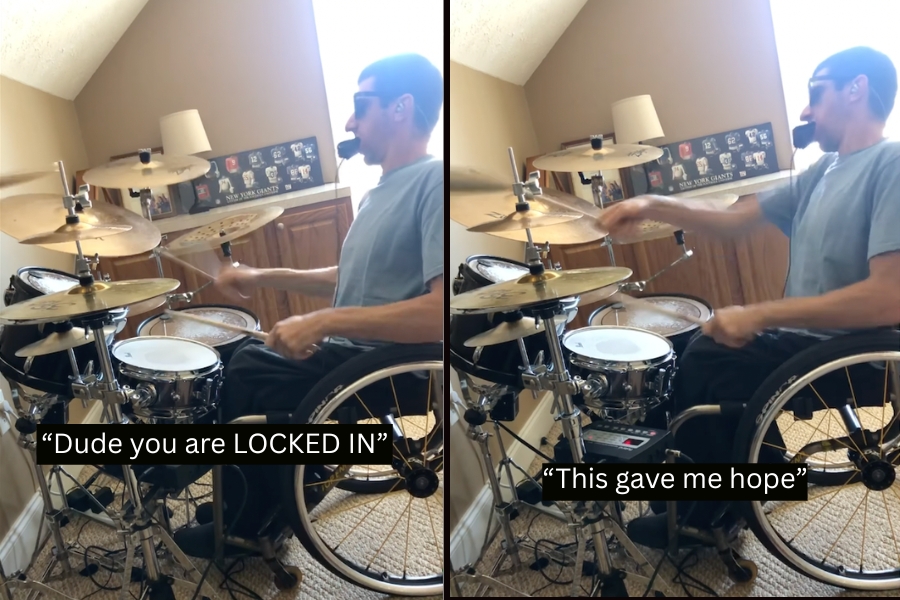 Drummer creates amazing cover videos from wheelchair with innovative mouth-trigger kick pedal
