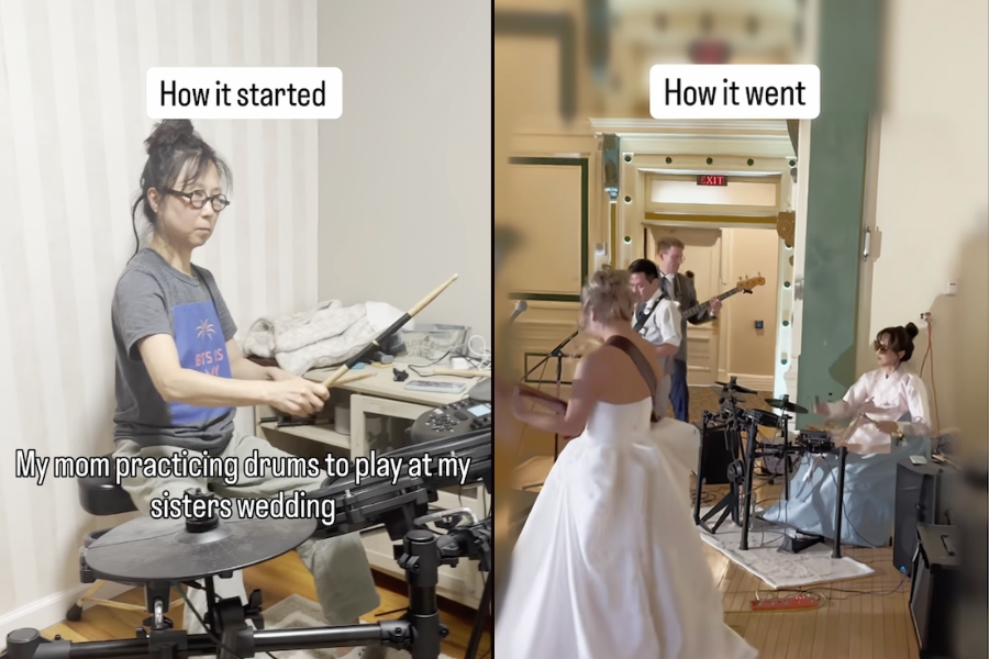 Drumming mom brings down the house at daughter’s wedding with family take on Weezer classic