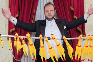 rubber chicken, music, musician, comedy, humor