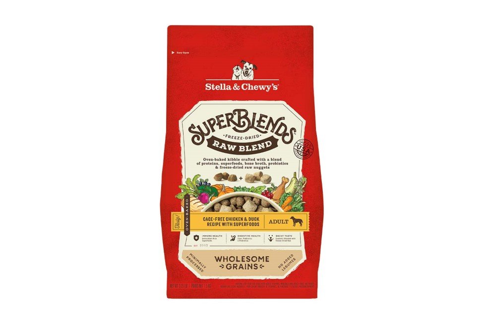 Red bag of Stella & Chewy's SuperBlends dog food with chicken and duck.