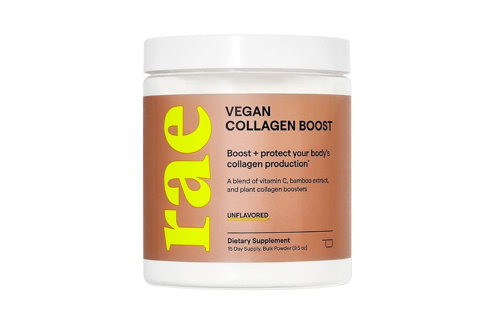 Rae Vegan Collagen Boost supplement jar with brown label and yellow text.