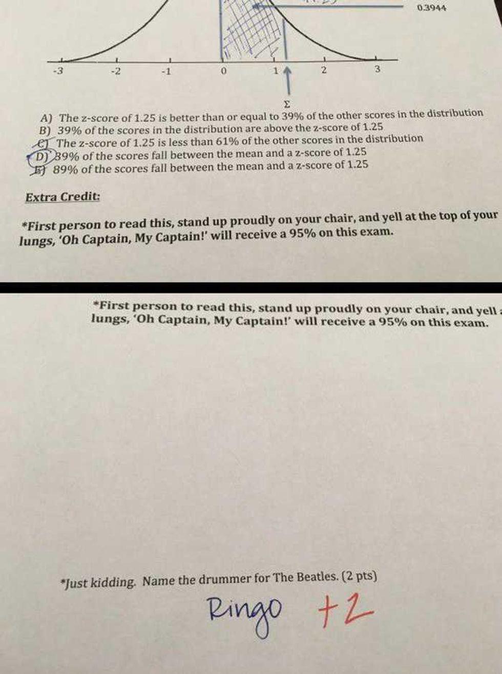 Photo of an extra credit question and answer on a test