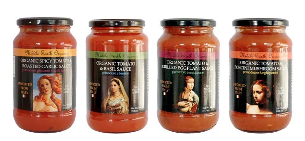 a line of pasta sauces featuring classic Italian artwork