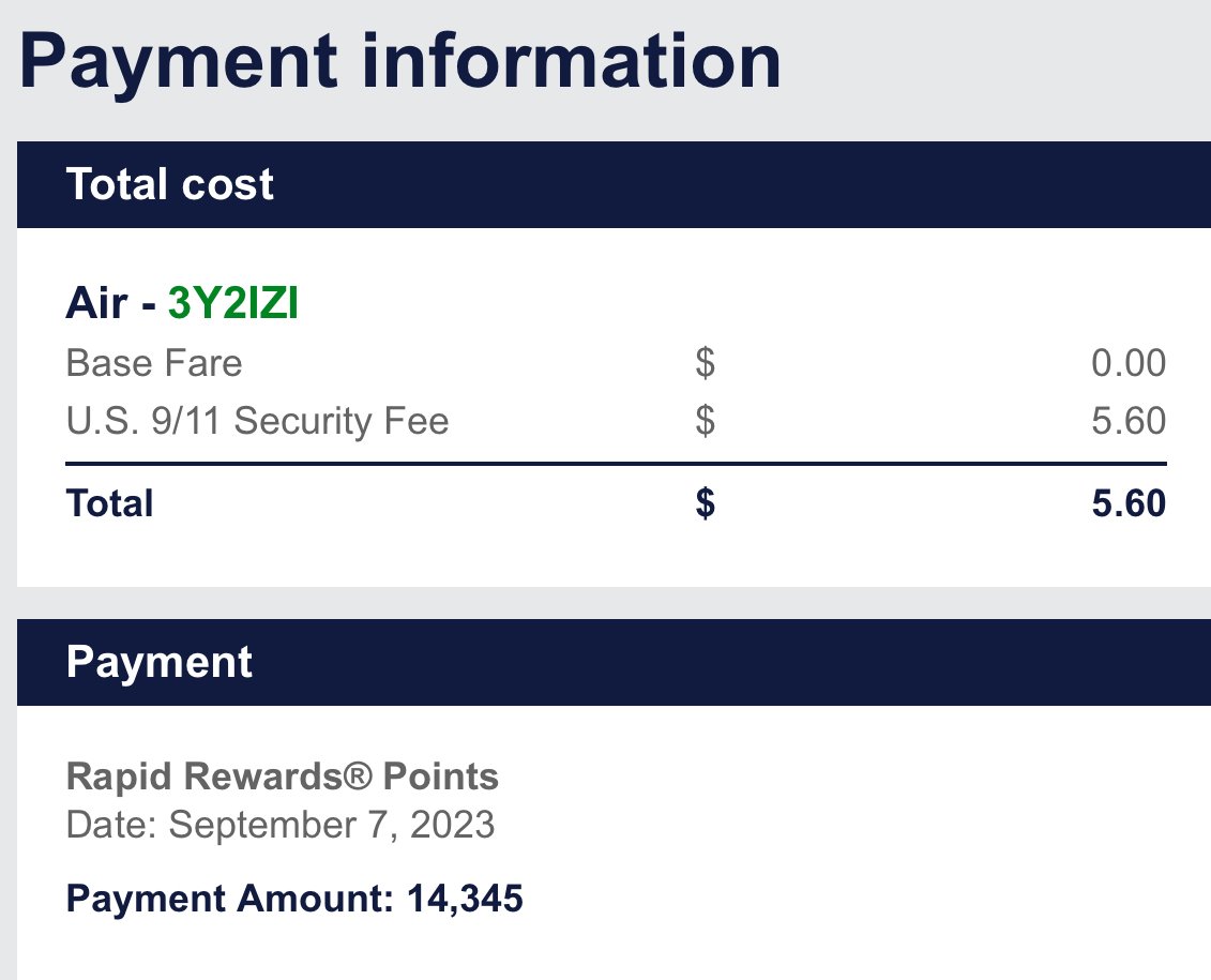 screenshot of southwest flight totals