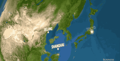 Animated map showing routes between Beijing, Shanghai, and Tokyo.