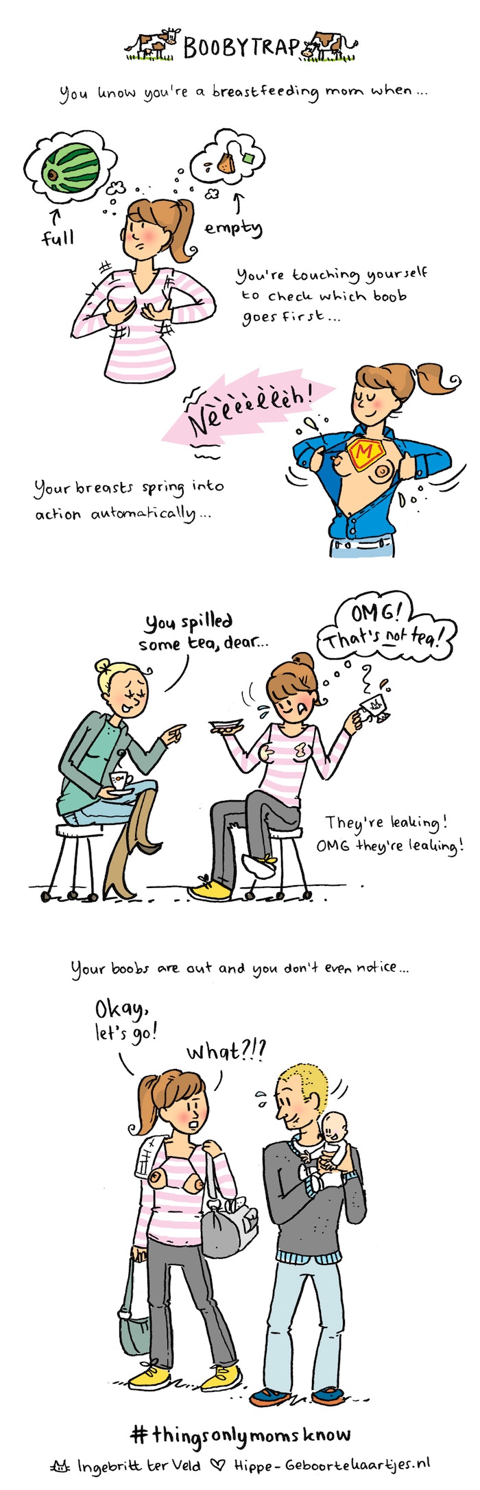 Comic of two women having tea while one lactates