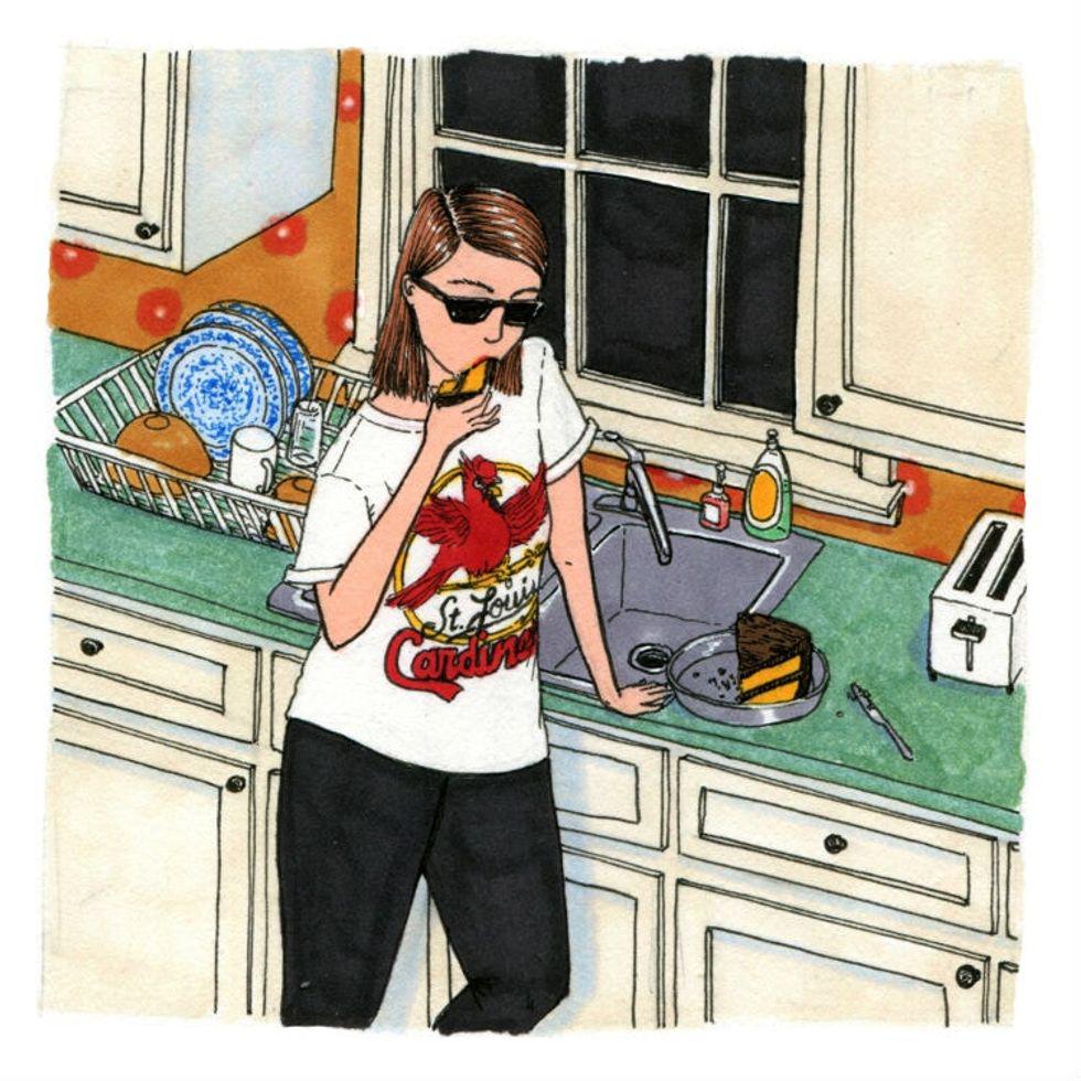 illustration of woman eating cake at kitchen counter