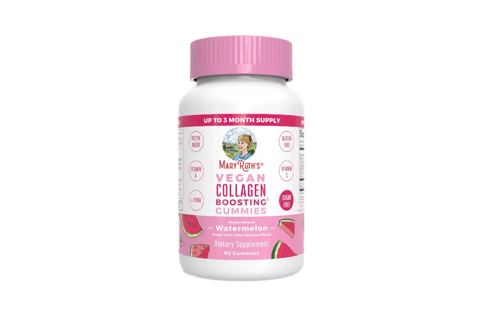 Pink bottle of vegan collagen-boosting gummies, watermelon flavor, 3-month supply.
