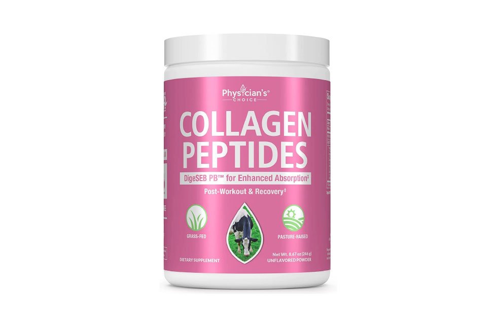 Pink container of collagen peptides, labeled for post-workout and recovery.
