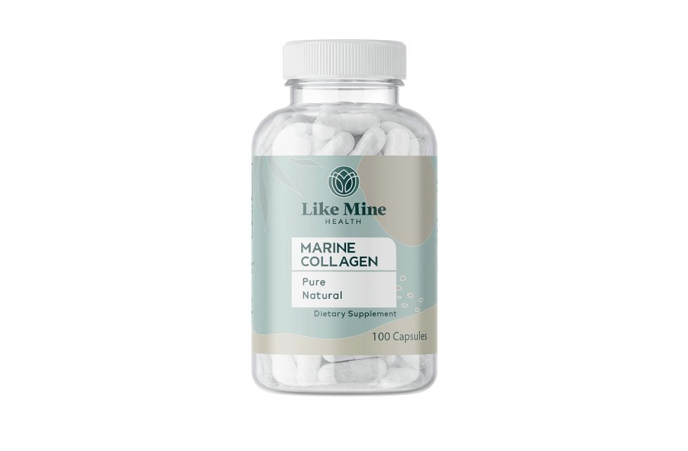 Bottle of Like Mine Marine Collagen capsules, dietary supplement, 100 count.