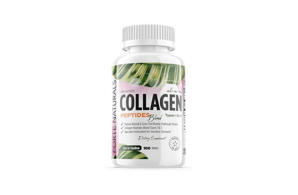 Collagen peptides supplement bottle with 100 easy-to-swallow tablets, by Forte Naturals.