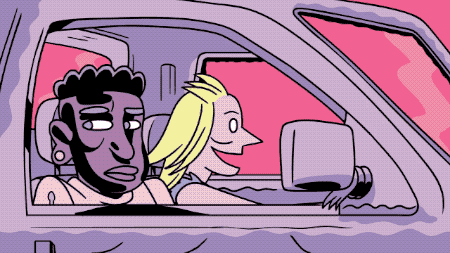 comig gif of a Black man looking uncomfortable in the car with a white friend