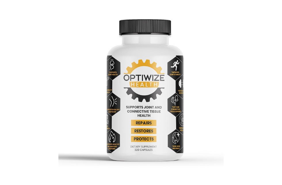 Bottle of Optiwize Health supplement for joint and tissue support with 320 capsules.