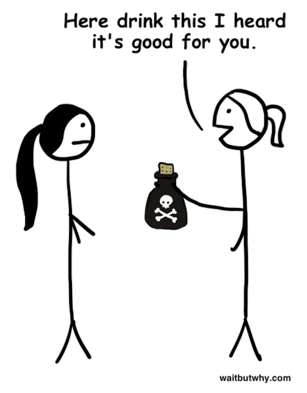 One stick person offers another stick person poison pretending it's safe