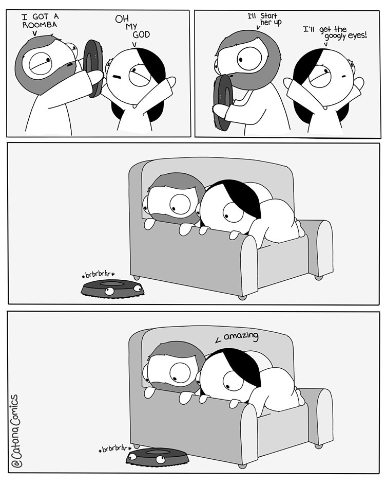 comic of couple playing with a roomba