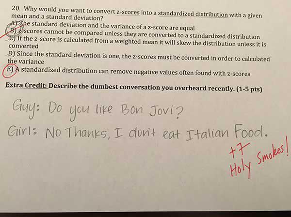 Photo of an extra credit question and answer on a test