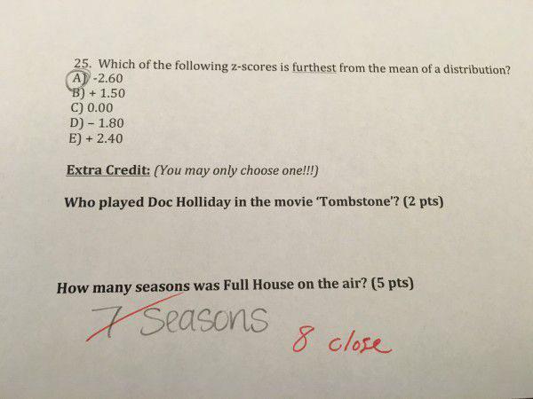 Photo of an extra credit question on a test