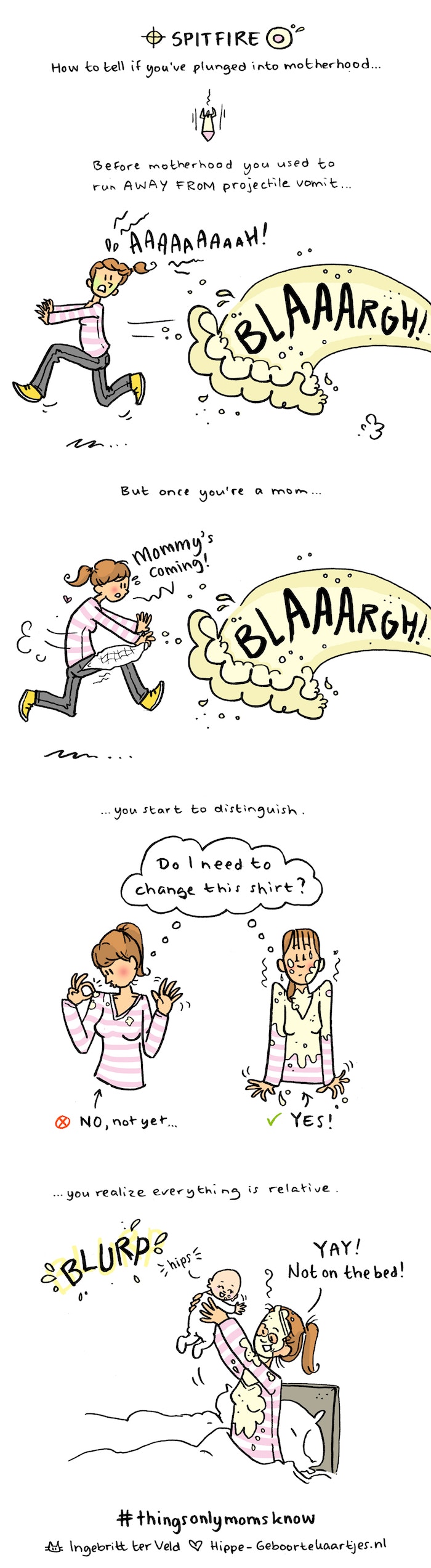 Comic of a baby spitting up on mom