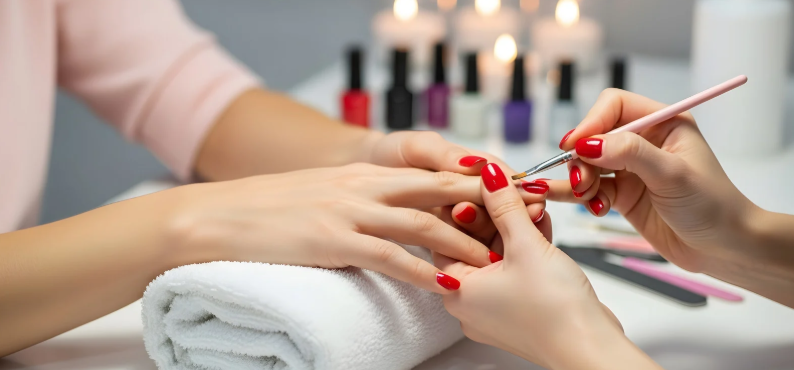 nails, nail salon, red nail polish, manicure, hands