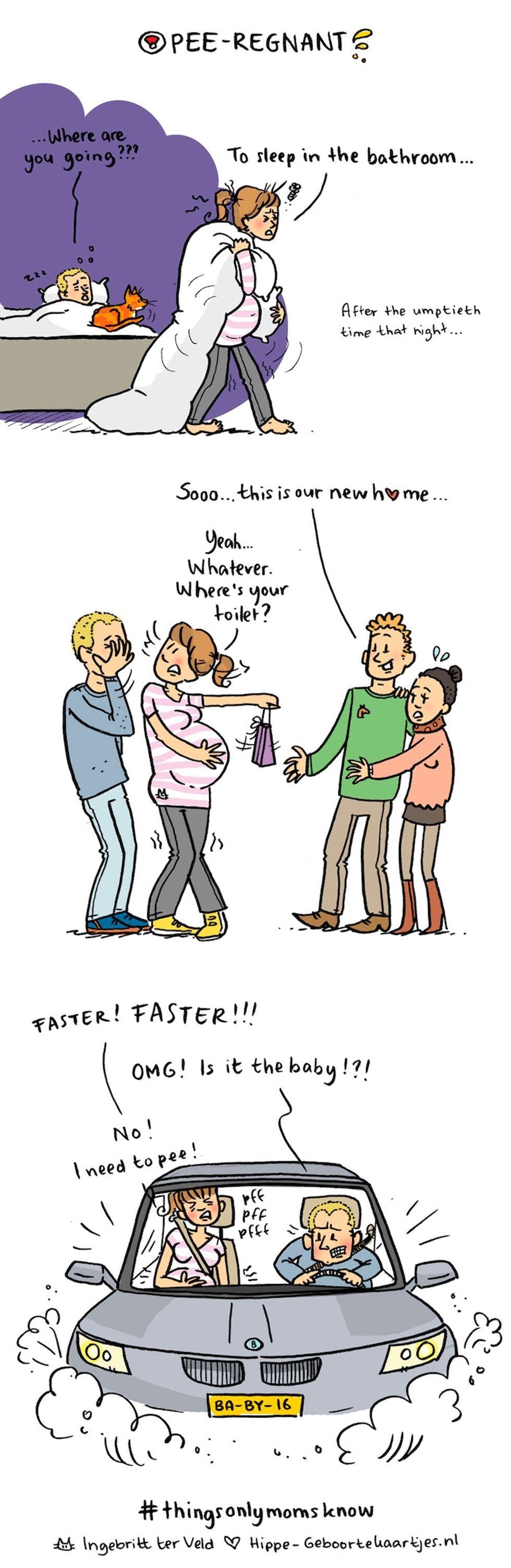 Comic of a pregnant mom needing the toilet