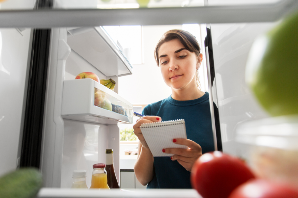 woman, refrigerator, organizing, food, food waste