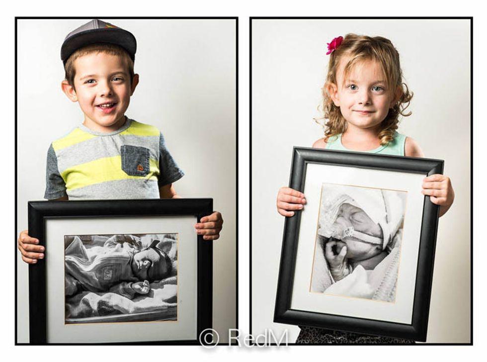 siblings each hold  black and white photographs of themselves as premature babies