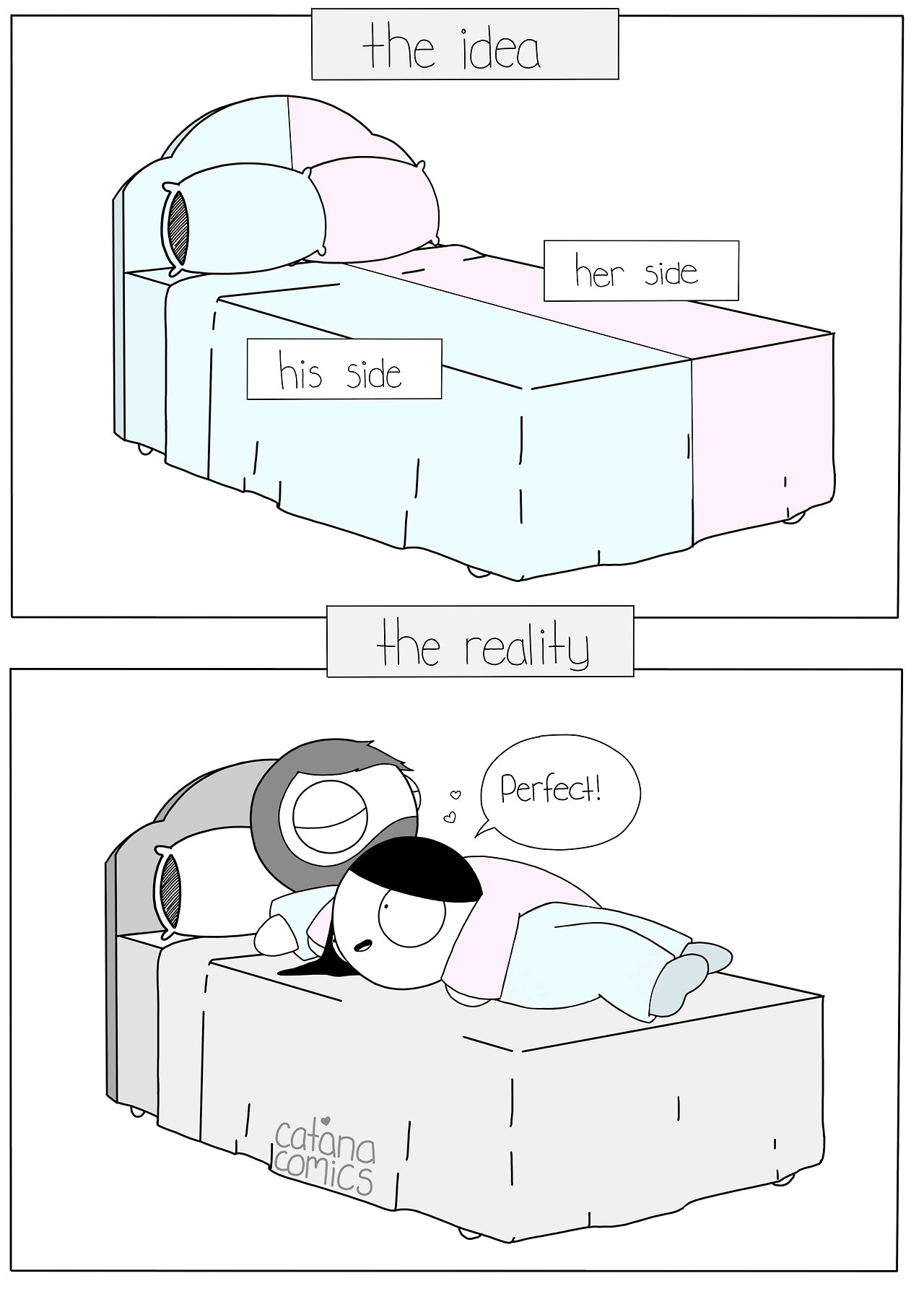 comic of a couple negotiating sides of the bed