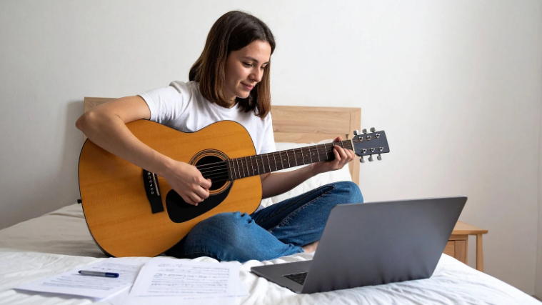 guitar, learning, young woman, laptop, acoustic guitar, strumming