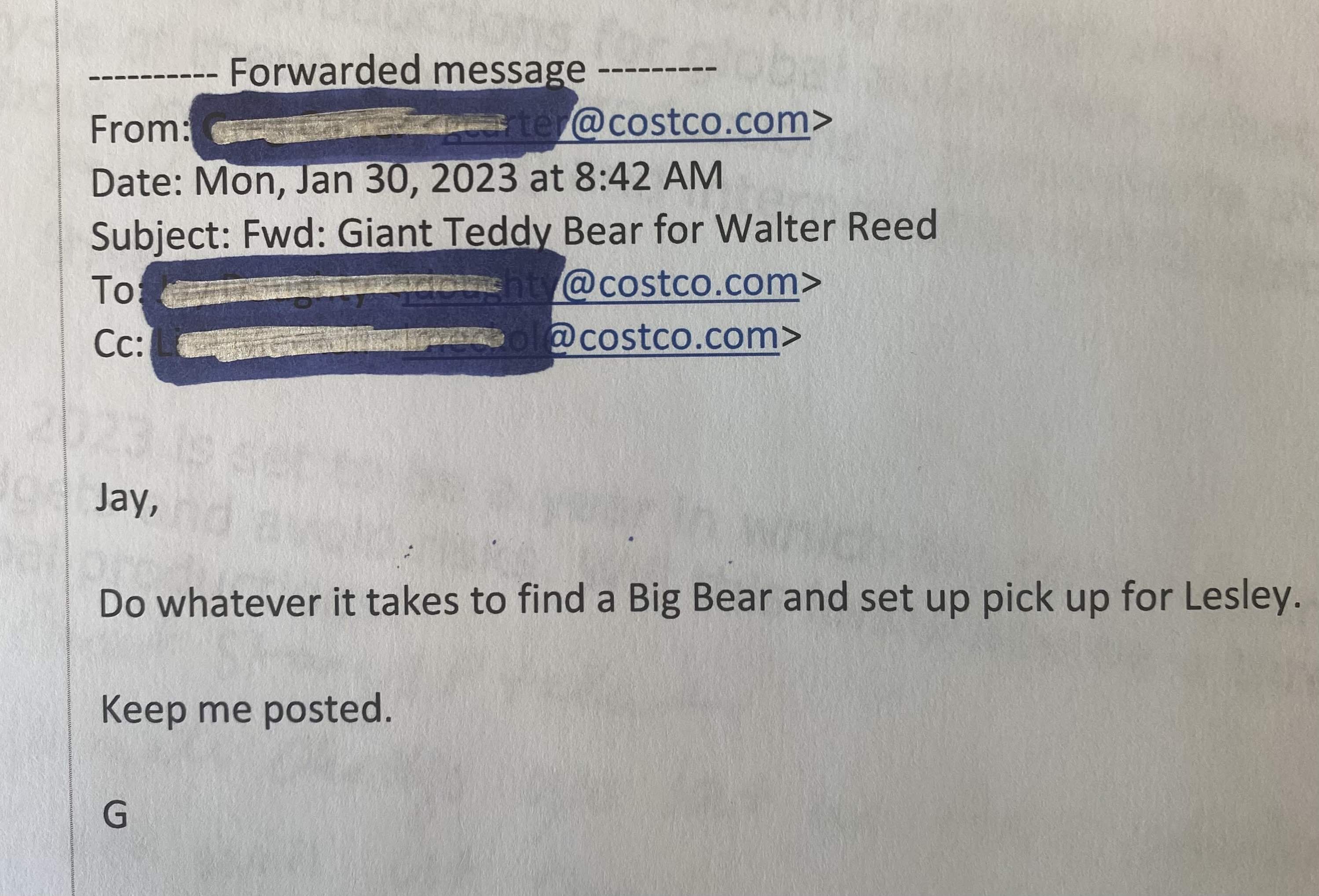 a photo of CEO Craig Jelinek's email response.