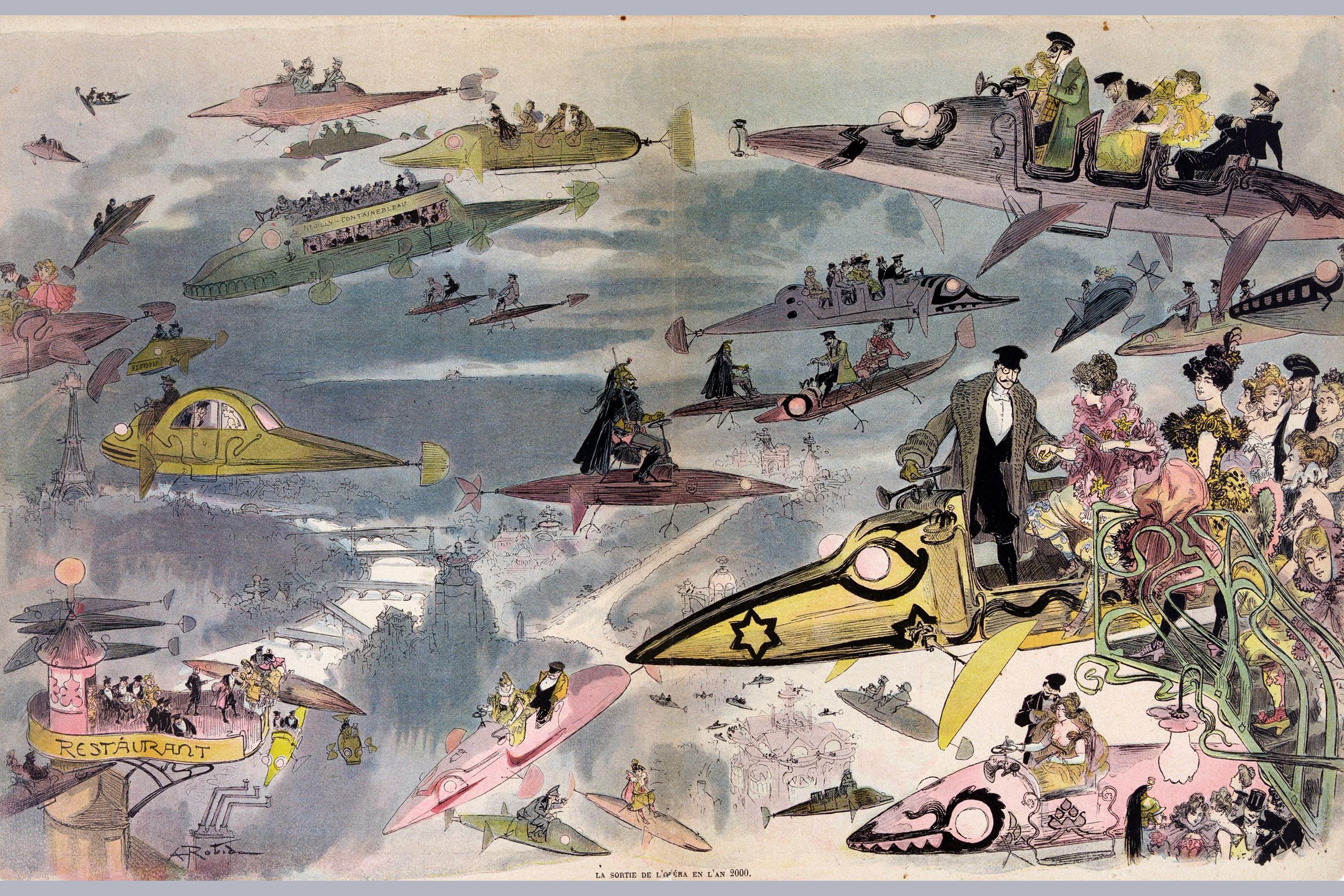 flying cars, predictions, painting, world's fair, 1900