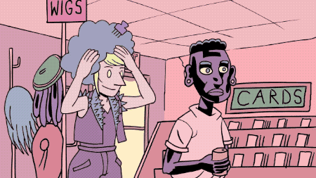 comic of a white woman wearing an afro wig to the chagrin of their Black friend