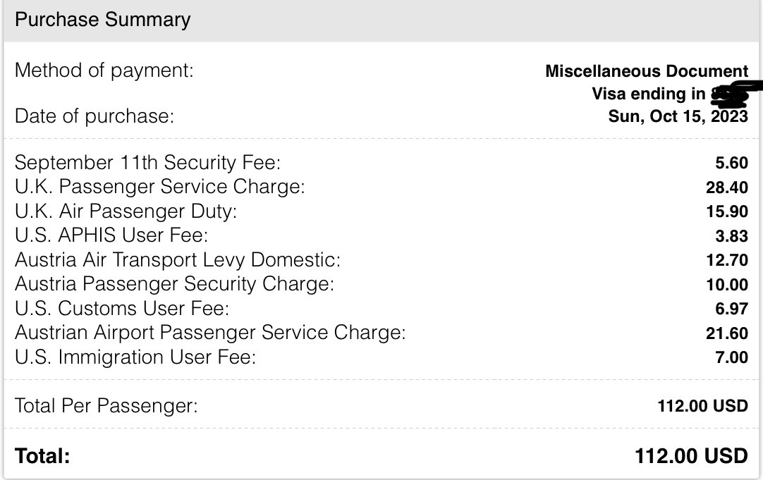 Screenshot of airline fees