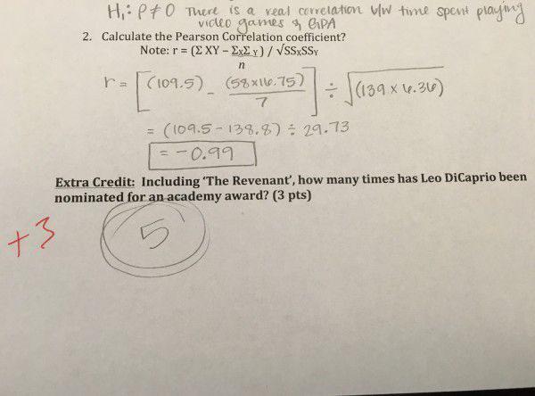 Photo of an extra credit question and answer on a test